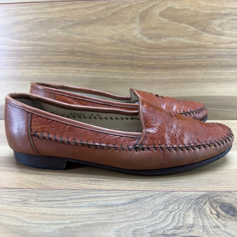 Ennesi Gold Italian Ostrich Leg Loafers Mens 9 M Whiskey Brown Slip On Business